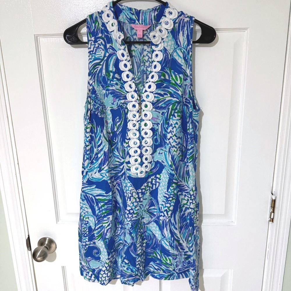 Lilly Pulitzer Blue Green Tropical Lace Trim Sleeveless Shift Dress Size 4